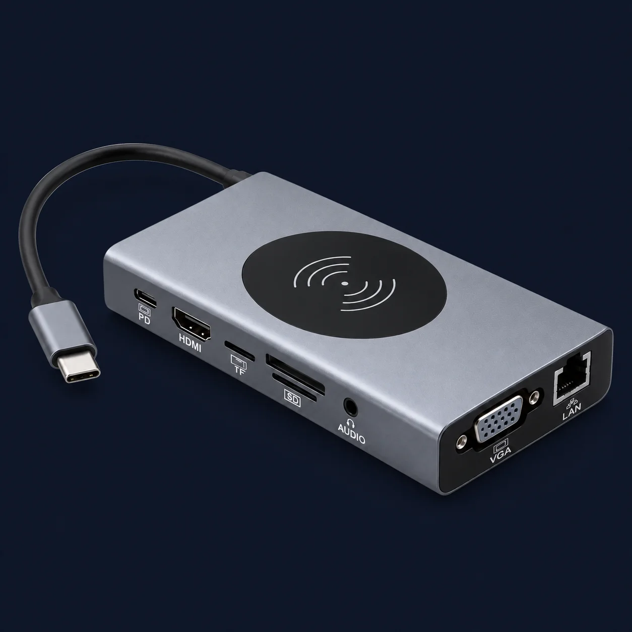 Hub USB-C 13-en-1 avec charge sans fil 15 W — fond sombre
